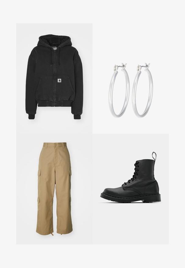 Carhartt WIP ACTIVE JACKET - Giubbotto Bomber - black stone washed; T-shirt accorciato di colore rosa chiaro, realizzato in tessuto morbido. Presenta un collo tondo e maniche corte con un piccolo logo Nike bianco sul petto.; Pantaloni cargo beige con vita alta, gamba ampia e quattro grandi tasche laterali. Realizzati in un tessuto resistente con una texture liscia e dettagli minimi.; Stivale da combattimento in pelle nera con punta tonda, chiusura con lacci e linguetta alla caviglia. Presenta una suola in gomma spessa per durabilità.; Orecchini a cerchio in argento con una finitura liscia e lucida. Forma rotonda e chiusura a scatto sicura. Design leggero adatto per l'uso quotidiano.