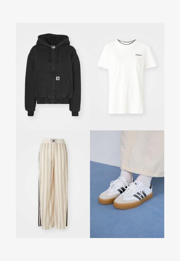 Carhartt WIP ACTIVE JACKET - Bombera - black stone washed; Biela bavlnená tričko s krátkymi rukávmi a okrúhlym výstrihom. Obsahuje čierne logo Adidas na hrudi a kontrastný čierny vnútorný golier.; Béžové nohavice s širokými nohavicami a zigzagovými vzormi, s čiernym logom na páse a bočnými čiernymi pruhmi. Ľahká, textúrovaná látka.; Biele tenisky s čiernymi pruhmi a béžovými semišovými detailmi. Majú textúrovanú gumovú podrážku a ploché biele šnúrky, kombinované s svetlými ponožkami.