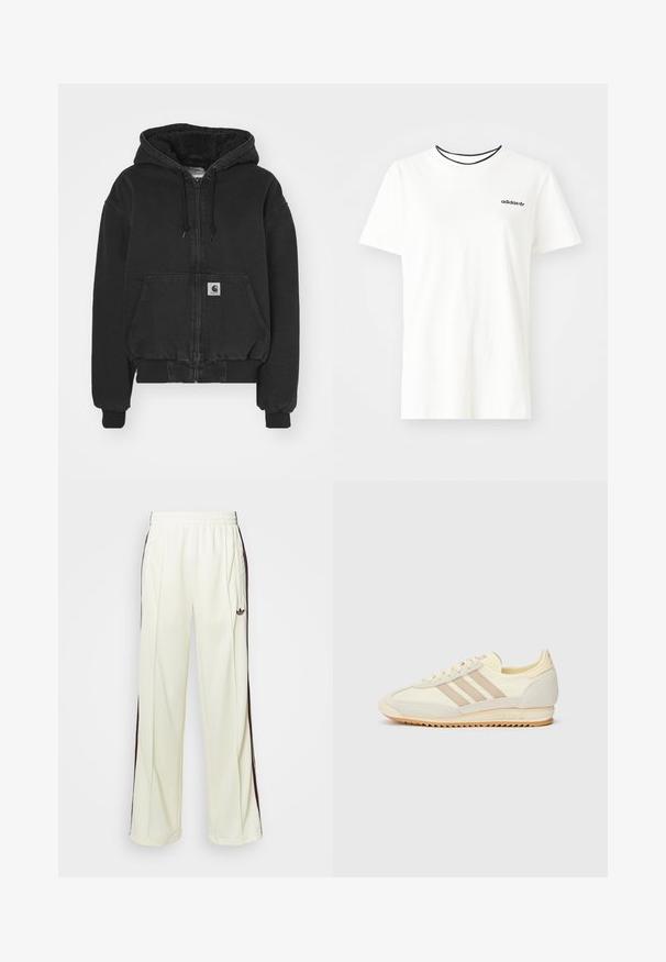 Carhartt WIP ACTIVE JACKET - Bomber-jakk - black stone washed; Valge puuvillasest t-särgist lühikeste varrukatega ja ümarate kaelustega. Rinnal on must Adidas'i logo ning kontrastne must sisekaelus.; Kreemivärvi lõdvalt istuvad dressipüksid, mis on varustatud tumeda pruuniga külgtriipudega ja vasakul reiel tikitud logoga.; Kreem värvi spordijalats, millel on kolm beeži triipu, sametist ja tekstiilist materjalid, tekstureeritud tallaosa ning reljeefne bränding kandadel.