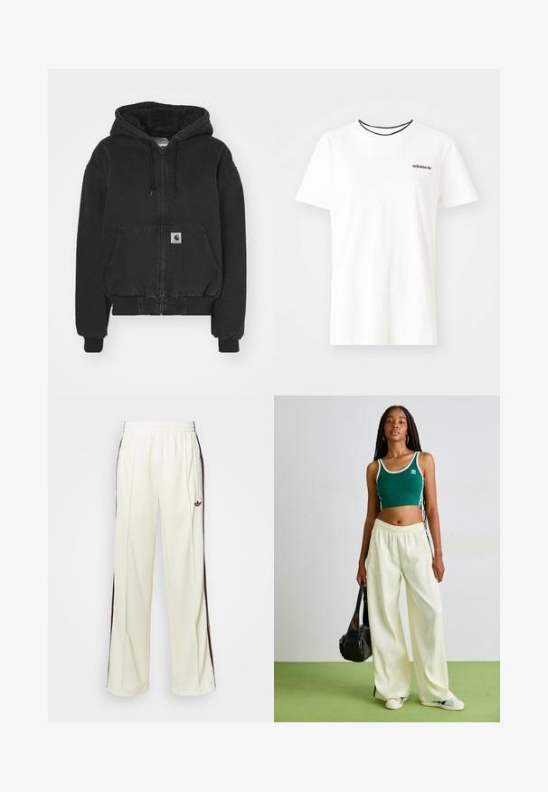 Carhartt WIP ACTIVE JACKET - Chaquetas bomber - black stone washed; Camiseta de algodón blanca con manga corta y escote redondo. Presenta un logo negro de Adidas en el pecho y un cuello interior negro en contraste.; Pantalones de chándal color crema con un corte relajado, que cuentan con rayas laterales marrón oscuro y un logo bordado en el muslo izquierdo.; Top corto verde con ribete blanco, combinado con pantalones de pierna ancha color crema. La modelo sostiene un pequeño bolso negro. Zapatillas deportivas sencillas.