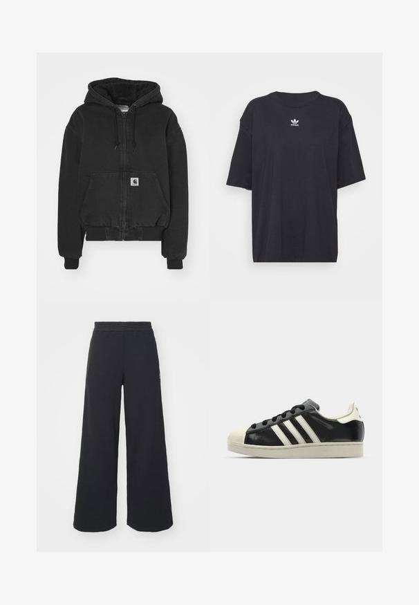Carhartt WIP ACTIVE JACKET - Bomberjacks - black stone washed; Zwarte katoenen T-shirt met korte mouwen, ronde halslijn, voorzien van een wit Adidas-logo op de borst. Eenvoudig ontwerp, comfortabele pasvorm.; Zwarte wijde sweatpants gemaakt van zachte stof, met een elastische tailleband en een klein logo aan de linkerkant.; Zwarte leren sneaker met witte strepen, rubberen teenbescherming, zwarte veters en een crèmekleurige loopzool. Glad oppervlak met een glanzende afwerking.