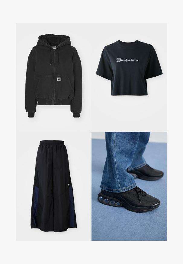 Carhartt WIP ACTIVE JACKET - Bomber dzseki - black stone washed; Rövid ujjú, cropped fekete pamut póló, fehér "Vice Sportswear" felirattal és kör alakú grafikával az elején.; Fekete, bő szárú nadrág könnyű anyagból, tengerészkék oldalsó panellel és elasztikus derékkal. Kicsi fehér logó az alján.; Fekete sportcipők hálós felsőrésszel, textúrázott részletekkel és a talpban látható lég párnázó zsebekkel. Kék farmernadrággal viselve.