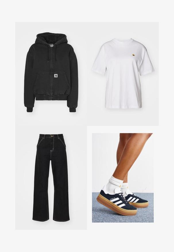 Carhartt WIP ACTIVE JACKET - Blouson Bomber - black stone washed; T-shirt en coton blanc avec une coupe décontractée, des manches courtes et un petit logo brodé sur la poitrine gauche.; Jean large noir en denim, avec des coutures blanches contrastantes et une fermeture à bouton à l'avant, ainsi que deux poches avant en biais.; Baskets en daim noir avec des rayures et des accents blancs, bout arrondi, semelle extérieure en caoutchouc gomme, associées à des chaussettes blanches côtelées mi-mollet.