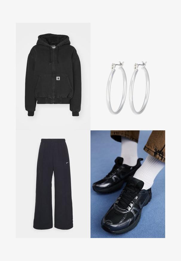 Carhartt WIP ACTIVE JACKET - Bomberjacke - black stone washed; Schwarzes langärmliges Crop-Top aus Baumwolle, mit weiß gesticktem "Nike"-Logo und Swoosh auf der Brust, runder Ausschnitt und figurbetontem Design.; Schwarze weit geschnittene Hosen mit einem elastischen Bund und einem kleinen weißen Nike-Logo. Der Stoff hat eine glatte Textur und ist für Komfort und lässiges Tragen konzipiert.; Schwarze Nike Sportschuhe mit einem oberen Teil aus Mesh und glänzenden Akzenten, schwarzen Schnürsenkeln und einer strukturierten Sohle. Kombiniert mit weißen gerippten Socken.; Silberne Creolen mit einer glatten, polierten Oberfläche. Runder Form und sicherem Klickverschluss. Leichtes Design, geeignet für den täglichen Gebrauch.
