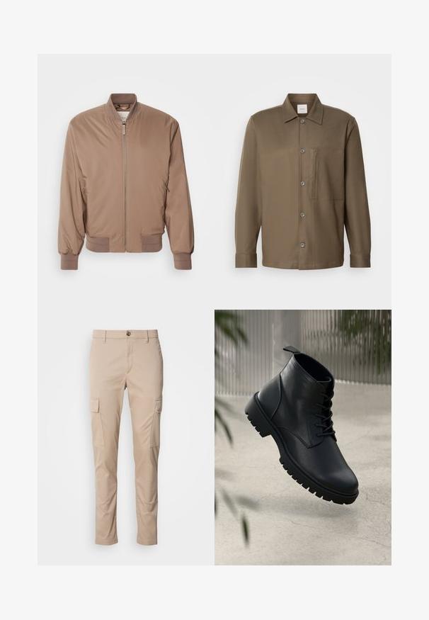 Brūns bomberjakas ar rāvējslēdzēju priekšpusē, ribotām piedurknēm un apakšmalu, kā arī sānu kabatām. Izgatavota no gludas, vieglas materiāla ar matētu apdari.; Brūns krekls ar pogām un apkakli, garām piedurknēm, krūšu kabatu un gludu tekstūru. Priekšpusē ir pelēkas pogas.; Bežīgas cargo bikses ar divām sānu kabatām, šaurs piegriezums, izgatavotas no viegla auduma, ar priekšējo pogu aizdari un jostas cilpām.; Melnas ādas potītēm līdzīgas kurpes ar noapaļotu purngalu, saistīšanas sistēmu un izturīgu gumijas zoli. Gluda virsma ar cilpu aizmugurē.