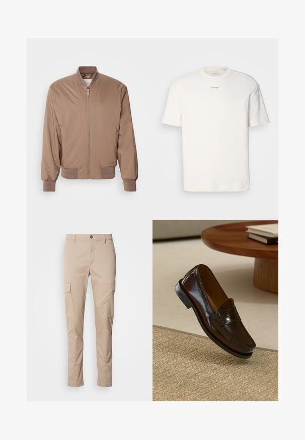 Pruun bomber-jakk, millel on lukuga eesmine osa, ribitud varrukad ja helkivad taskud. Valmistatud siledast, kergest materjalist, millel on mati viimistlusega pind.; Valge puuvillane T-särk, millel on ümar kaelus, lühikesed varrukad ning rinnas keskel tikitud "Calvin Klein" logo. Üksluisus.; Pruun nööbiga särk, millel on krae, pikad varrukad, rinna tasku ja sile tekstuur. Ees on hallid nupud.; Beežid cargo püksid kahe külgtaskuga, slim fit, valmistatud kergest kangast, ees nupuga kinnitamine ja vööaugud.; Pruunist nahast loafersid, millel on läikiv viimistlus, esiosas tikand ning madala profiiliga must kummitald.
