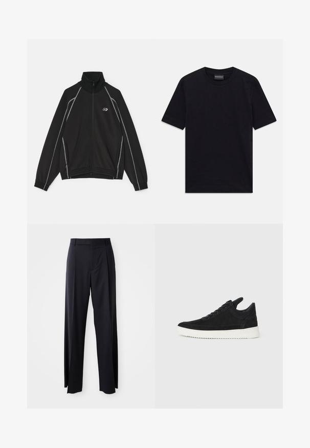 Melnā jaku ar rāvējslēdzēju un augstu apkakli, balti akcenti šuvēs, sānu kabatām un izšūtu logo uz krūtīm.; Melnā T-kreklā ar īsām piedurknēm, apaļo kakla izgriezumu, ar smalku reljefu rakstu un zīmola etiķeti iekšpusē kaklā, novietots uz baltas virsmas.; Melnas, augstās vidukļa bikses ar platām kājām, izgatavotas no gludas auduma. Iezīmē priekšējās krokas un jostas cilpas. Minimalistisks dizains, bez redzamām detaļām.; Melna zamša apavi ar baltu gumijas zoli, ar tonālu izšuvumu un auklu dizainu. Gluda tekstūra ar mūsdienīgu, plūstošu formu.