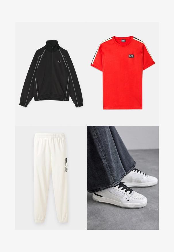 Melnā jaku ar rāvējslēdzēju un augstu apkakli, balti akcenti šuvēs, sānu kabatām un izšūtu logo uz krūtīm.; Sarkans kokvilnas T-krekls ar apaļu izgriezumu, kas ar mazu melnu EA7 logotipu uz krūtīm un kontrastējošām melnām un bēšām svītrām uz piedurknēm.; Gai bēšas sporta bikses ar elastīgu jostu un elastīgām aprocēm. Kreisajā kājā ir melns iegravēts logo. Mīksta auduma tekstūra.; Baltas sneakers ar melnām auklām un sieta detaļām. Iekļauj gludu ādas virsu un strukturētu gumijas zoli. Pāris ar platām pelēkām džinsām.
