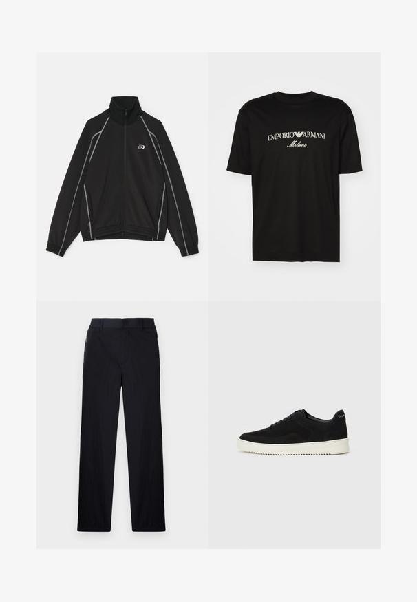 Svart zip-up-jakke med høy krage, hvite stikninger langs sømmene, sidelommer og et brodert logo på brystet.; Svart bomulls T-skjorte med rund hals, korte ermer og "EMPORIO ARMANI" logo i hvitt over "Milano" i en buet design.; Sorte bukser med lett og teksturert stoff, rett ben-design, elastisk midjebånd og sidelommer med glidelås.; Svart semsket sneakers med snøring og kontrasterende hvit gummisåle. Har teksturerte sidepaneler og subtil merkevare på hælen.