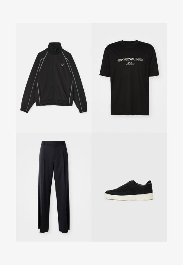 Black zip-up jacket with a high collar, white accent stitching along the seams, side pockets, and an embroidered logo on the chest.; Black cotton T-shirt featuring a round neckline, short sleeves, and "EMPORIO ARMANI" logo in white above "Milano" in a curved design.; Black, high-waisted trousers with a wide-leg cut, made of smooth fabric. Features front pleats and belt loops. Minimalistic design, no visible hardware.; Black suede sneaker with lace-up design and contrasting white rubber sole. Features textured side panels and subtle branding on the heel.