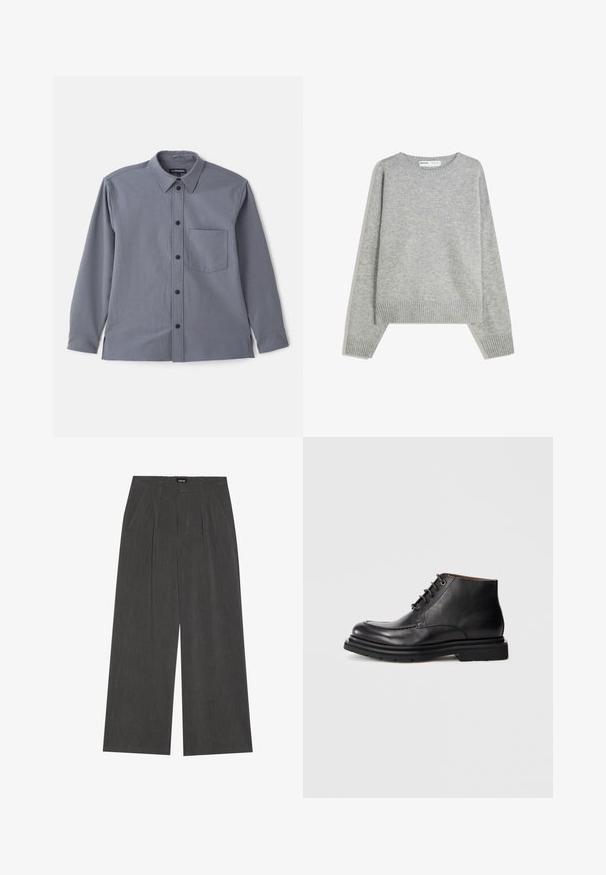 Camicia grigia a maniche lunghe con colletto button-down, taschino sul petto e bottoni neri. Realizzata in tessuto liscio con una sottile texture.; Maglione grigio a maglia con scollatura rotonda, polsini e orlo a costine, caratterizzato da una vestibilità rilassata e una texture morbida.; Pantaloni a gamba larga in tessuto grigio scuro, con fronte plissettato, due tasche laterali e vita piatta. Texture liscia e design sartoriale.; Stivale alla caviglia in pelle nera con chiusura con lacci, punta rotonda e suola spessa in gomma su uno sfondo bianco puro.