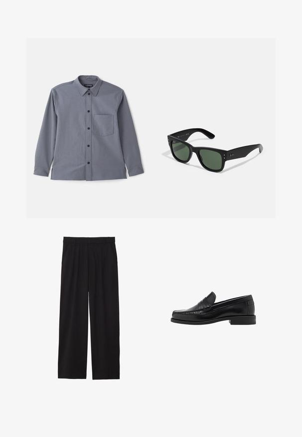 Szara koszula z długim rękawem, z kołnierzykiem na guziki, kieszonką na piersi i czarnymi guzikami. Wykonana z gładkiego materiału o subtelnej teksturze.; Biała koszula z długim rękawem, wykonana z gładkiego materiału bawełnianego, z klasycznym kołnierzykiem i subtelnym połyskiem. Pięć guzików z przodu.; Czarne spodnie w stylu szerokich nogawek z plisowanym przodem, bocznymi kieszeniami i gładką teksturą materiału. Zaprojektowane w luźnym kroju.; Czarne skórzane mokasyny o gładkim wykończeniu, ze stębnowaniem na nosie i niskim obcasem, zapewniającymi komfort i styl.; Czarne prostokątne okulary przeciwsłoneczne z zielonymi soczewkami, matowe wykończenie, subtelne akcenty metalowe i wytłoczone logo na zauszniku.; Wąski czarny krawat z teksturowanym, ukośnym prążkowanym wzorem. Posiada spiczasty koniec i gładkie wykończenie. Odpowiedni na eleganckie okazje.