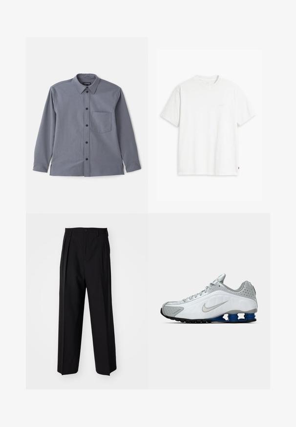 Cămașă gri cu mânecă lungă, guler cu nasturi, buzunar pe piept și nasturi negri. Confecționată dintr-un material neted cu o textură subtilă.; Tricou alb din bumbac cu mâneci scurte, guler rotund și logo-ul subtil Levi's imprimat în centrul său. Textură moale și croială standard.; Pantaloni negri plisat cu un design drept și pantaloni largi. Construiți dintr-un material neted, prevăzuți cu închidere cu nasture și bucle pentru curea.; Pantoflă de alergare Nike albă și gri, cu swoosh argintiu, unități de talpă de tip arc albastru și apăsare neagră, pe un fundal simplu.