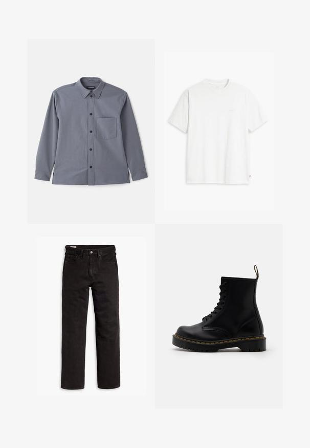 Sivica s dolgimi rokavi z ovratnikom na gumbke, žepom na prsih in črnimi gumbi. Narejena iz gladkega materiala z subtilno teksturo.; Bela bombažna majica s kratkimi rokavi, okroglim ovratnikom in subtilnim logotipom Levi's, natisnjenim na sredini. Mehak material in standardna oblika.; Črne kavbojke ravnega kroja z žepi, gumbnim zapiranjem in zankami za pas, ležijo položene na belem ozadju.; Črne usnjene gležnjarje z vezalkami spredaj, rumenim šivom, zaobljenim nosom in debelim, teksturiranim gumijastim podplatom.