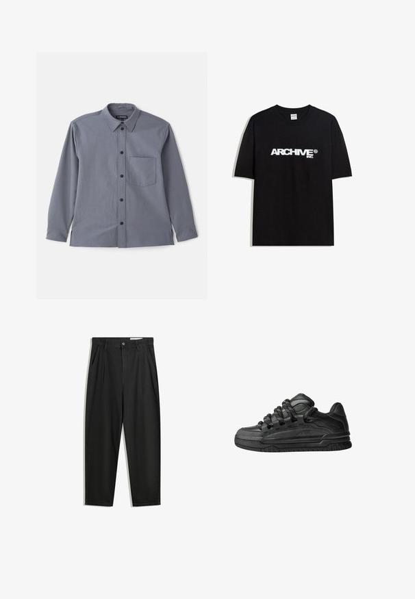 Sivica s dolgimi rokavi z ovratnikom na gumbke, žepom na prsih in črnimi gumbi. Narejena iz gladkega materiala z subtilno teksturo.; Črna bombažna majica s kratkimi rokavi z belim logotipom "ARCHIVE inc." čez prsa in okroglo ovratnikom.; Črne bombažne hlače s sproščenim krojem, ki vključujejo klasičen pas, sprednje gube in stranske žepke. Gladka tekstura brez vzorcev.; Črne superge z gladkim usnjenim zgornjim delom, teksturiranimi detajli in okroglimi črnimi ter belimi vezalkami. Debel gumijast podplat z vzorčastim profilom.