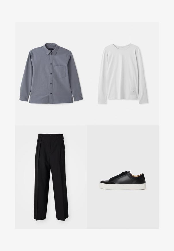 Siva dugmadna košulja dugih rukava s okovratnikom, džepom na prsima i crnim gumbima. Izrađena od gladke tkanine sa suptilnom teksturom.; Bijela majica dugih rukava od mekanog pamuka. Ima okrugli izrez i malu oznaku brenda na donjoj lijevoj strani.; Crne plisirane hlače s ravnim širokim nogavicama. Izrađene od glatkog materijala, s dugmadi za zatvaranje i petljama za remen.; Crne kožne tenisice s akcentima od antilopa, okrugli vrh, ravni bijeli gumenik i kontrastne teksture na tijelu i vezicama.