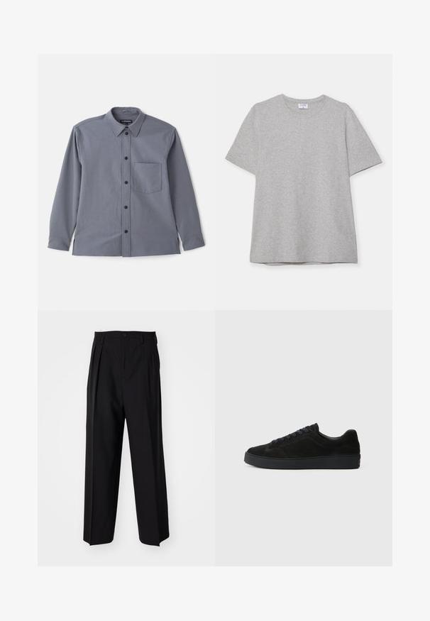 Gray long-sleeve shirt with a button-down collar, chest pocket, and black buttons. Made of smooth fabric with a subtle texture.; Gray short-sleeve T-shirt made from soft, textured fabric. Features a classic crew neck and a straight hem, suitable for casual wear.; Black pleated trousers with a straight, wide-leg design. Made from smooth fabric, featuring a button closure and belt loops.; Black suede sneaker with a flat, textured sole, rounded toe, six eyelets for laces, and a minimalist design.