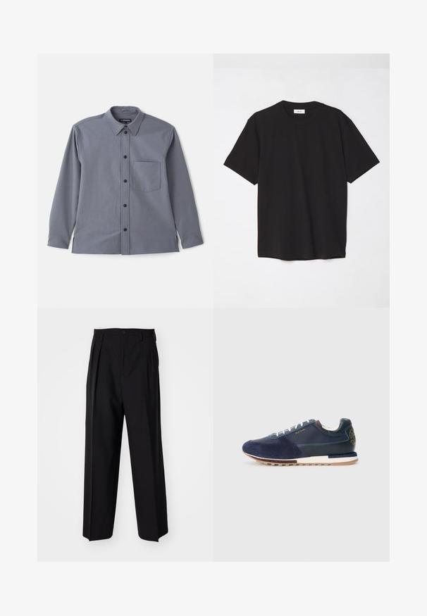 Grijze overhemd met lange mouwen, een kent-kraag, borstzak en zwarte knopen. Gemaakt van een gladde stof met een subtiele textuur.; Zwarte katoenen t-shirt met een ronde hals, korte mouwen en een ontspannen pasvorm. Eenvoudig ontwerp, gladde textuur en geen zichtbare patronen of logo's.; Zwarte geplooide broeken met een rechte, brede pijpontwerp. Gemaakt van soepele stof, met een knoopsluiting en riemlussen.; Marineblauwe suède en leren sneaker met witte veters, een gestructureerde zool en een bruine accent aan de achterkant met een logo-detail.