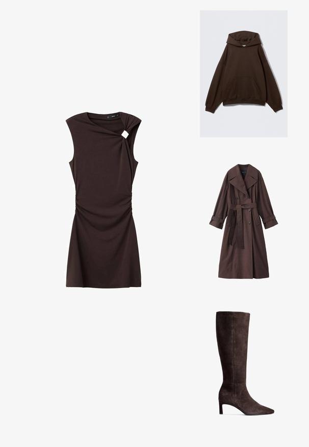 Brun trenchcoat med en strukturerad yta, dubbelknäppt design, bred krage, midja med bälte och uppvikta manschetter.; Brun oversized hoodie gjord av bomullsblandat tyg, med en stor huva, framficka och ribbade ärmmuddar. Slät textur med minimal design.; Brun klänning med korta ärmar, som har en tvistad design vid axeln och rynkning vid midjan, gjord av ett mjukt, stretchnat material.; Bruna mockaskinns knähöga stövlar med spetsig tå och 7,5 cm klack. Släthet i texturen, strömlinjeformad silhuett och minimalistisk design.