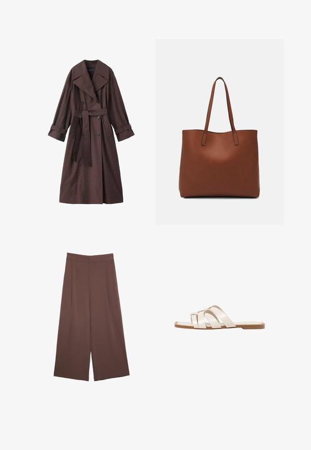 Ruskea trench-takki, jossa on teksturoitu pinta, kaksoisnapitus, leveä kaulus, vyötäröllä oleva vyö ja käärityt hihat.; Kahvinsävyinen lyhythihainen t-paita, joka on valmistettu pehmeästä kankaasta. Pyöreä pääntie ja rento malli. Ei näkyviä kuvioita tai koristeita.; Ruskeat leveälahkeiset housut, joissa on sileä pinta, korkea vyötärö ja etupleat. Kangas on kevyttä ja laskeutuu väljänä.; Tason vaaleanruskealla kumipohjalla, jossa on kolme päällekkäistä valkoista nahkaremmiä ja pieni satiininen rusetti keskellä.; Ruskea nahkainen olkalaukku, jossa on sileä pinta, avoin yläosa ja kaksi olkahihnaa. Omaavat vain minimaalisen ompelun eikä näkyvää metalliosaa.