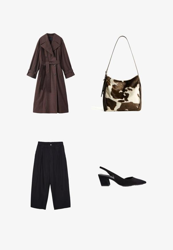 Hnědý trenčkot s texturovaným povrchem, dvouřadým zapínáním, širokým límcem, páskem v pase a ohrnutými rukávy.; Bílý tričko s krátkým rukávem, se volným střihem a nařasenou texturou v pase. Vyrobeno z měkkého, lehkého materiálu.; Černé polyesterové culotte kalhoty s elastickým pasem, dvěma předními sklady a volným siluetou. Žádné viditelné vzory ani kovové detaily.; Černé semišové lodičky na slingback s špičatou špičkou a středně vysokým geometrickým blokovým podpatkem. Hladký povrch a minimalistický design.; Hnědá a krémová kravská kůže ramenní taška s hladkým koženým popruhem, zipovým uzavřením a jemným, texturovaným povrchem s přírodním vzorem.