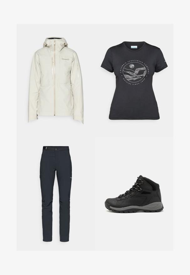 Norrøna LOFOTEN INSULATED JACKET - Veste de ski - oatmeal; T-shirt noir Columbia avec un dessin linéaire blanc de montagne et de rivière en cercle et le texte "Columbia Sportswear Company À l'extérieur depuis 1938."; Pantalons de plein air pour hommes, gris foncé, fabriqués en matériau flexible, dotés d'une ceinture, de poches zippées et de coutures renforcées.; Botte de randonnée noire au design mi-haut, avec un dessus texturé, des accents gris et une semelle en caoutchouc durable avec des crampons de traction.