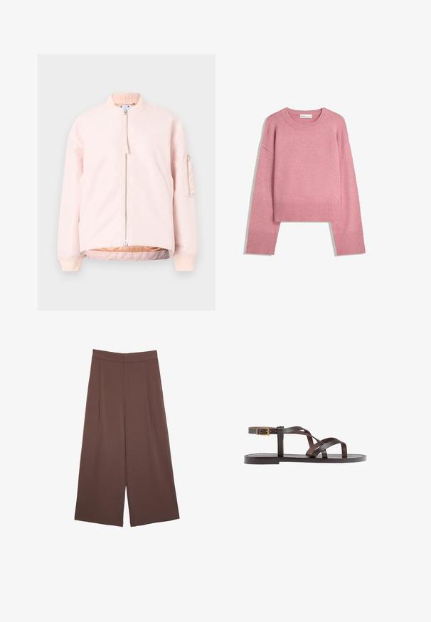 Ljust rosa bomberjacka med frontdragkedja, ribbad krage och muddar samt en sidoficka. Slät textur och avslappnad passform.; Rosa kortärmad tröja i mjukt stickat tyg, med ribbad rund halsringning och långa ärmar med ribbade manschetter. Slät textur.; Bruna vida byxor med en slät textur, som har hög midja och framfickor. Tyget är lätt och flödar löst.; Bruna lädersandaler med korsade remmar, spänne runt vristen och en platt sula med minimala sömnadsdetaljer.