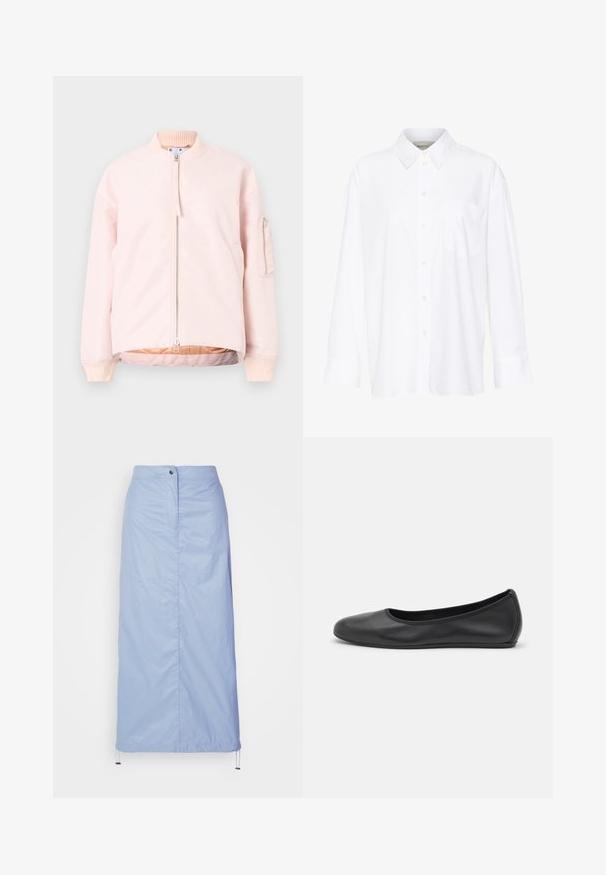 Light pink bomber jacket with a front zipper, ribbed collar and cuffs, and a side pocket. Smooth texture and relaxed fit.; White long-sleeve collared shirt made of cotton. Features a button-down front and a single chest pocket. Smooth texture, relaxed fit.; Light blue, mid-length skirt made of smooth, lightweight material with a straight cut, features a front button closure and drawstring hem.; Black leather ballet flat with a rounded toe, smooth texture, minimal stitching detail, and a flexible sole design.