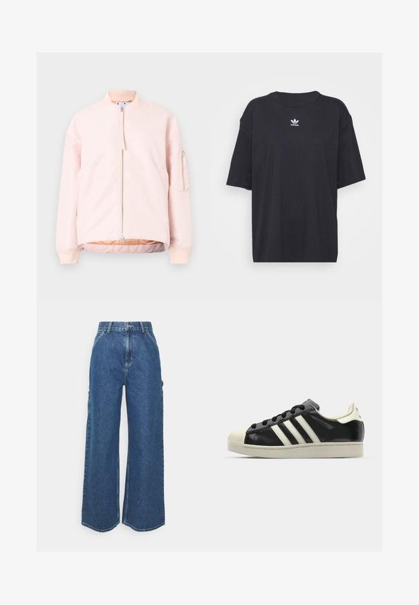 Svetloljubičasta bomber jakna z sprednjim zadrgo, rebrastim ovratnikom in manšetami ter stranskim žepom. Gladka tekstura in sproščen kroj.; Črna bombažna majica s kratkimi rokavi in okroglo ovratnikom, ki na prsih prikazuje bele Adidasove logotip. Enostaven dizajn, sproščen kroj.; Široke modre denim hlače z visokim pasom, kontrastnim šivom in stranskimi žepi, ki vključujejo klasičen pet-džepni dizajn in robove brez obdelave.; Črne usnjene superge z belimi črtami, gumijastim pokrovom za prste, črnimi vezalkami in kremasto obrobo podplata. Gladka tekstura z sijočim zaključkom.