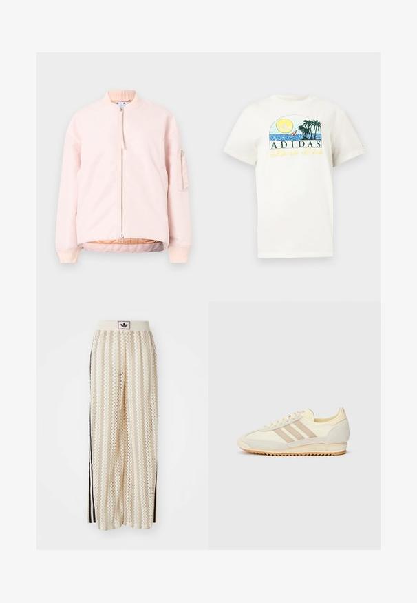 Giacca bomber rosa chiaro con zip frontale, colletto e polsini a coste, e una tasca laterale. Tessuto liscio e vestibilità comoda.; T-shirt di cotone bianco con un design grafico raffigurante un sole, palme e acqua. "ADIDAS Sports Club" stampato in verde e giallo.; Pantaloni a gamba larga color crema con un motivo a zigzag, dotati di una fascia in vita nera con logo e strisce nere laterali. Tessuto leggero e testurizzato.; Sneaker sportivo crema con tre strisce beige, materiali in suede e tessuto, suola testurizzata e logo in rilievo sul tallone.