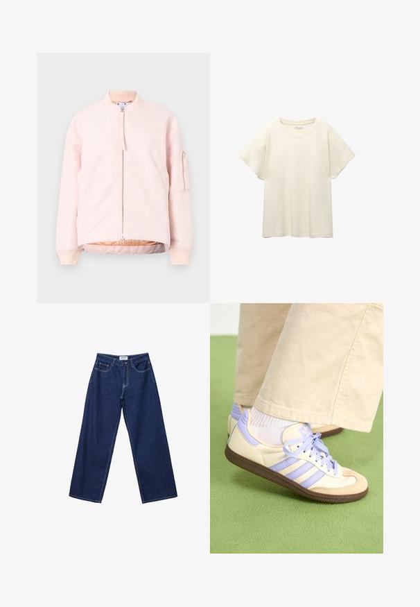Svetloružová bomber bunda s predným zipsom, Rímsky golier a manžety a bočná kapsa. Hladká textúra a uvoľnený strih.; Svetlo béžové tričko s krátkym rukávom a okrúhlym výstrihom, vyrobené z jemnej, hladkej tkaniny. Má voľný strih a rovný lem.; Široké tmavomodré džínsy s gombíkovým zapínaním, piatimi vreckami a kontrastným bielym šitím. Tkanina má hladký, mierne textúrovaný povrch.; Krémovo-fialové tenisky so tromi pruhmi a štruktúrovanou hnedou podrážkou, s šnúrkami a polstrovaným opätkom. Mäkký textilný zvršok.