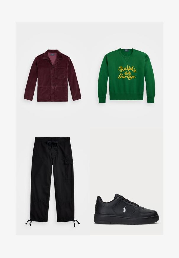 Bordo kordura jakna s odrezanim ovratnikom, prednjim gumbom, džepom na prsima i dva donja džepa. Glatka tekstura s vidljivim rebrima.; Zelena dukserica s okruglim izrezom, s žutim izvezenim natpisom "Ralphova garaža" i detaljima šahovske zastave. Materijal od mješavine pamuka.; Crne cargo hlače s elasticnim pojasom i vezicom. Imaju bočne džepove i prilagodljive manžete s kabelima. Izrađene su od laganog materijala.; Crne kožne tenisice s perforiranim dizajnom, ravnim vezicama i bijelim izvezenim logotipom sa strane. Debeli crni gumeni potplat.