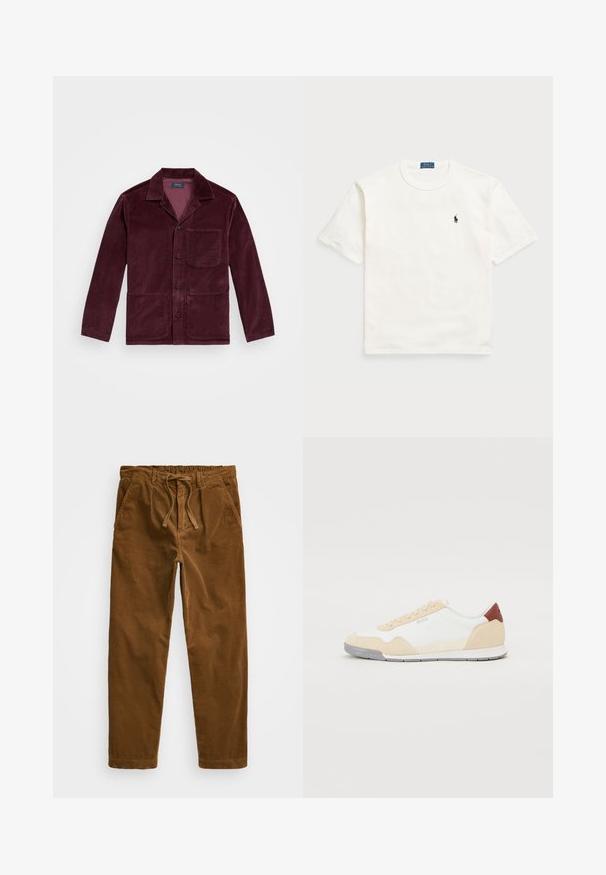 Burgundi kordbársony dzseki, bemetszett gallérral, elülső gombos záródással, mellzsebbel és két alsó zsebbel. Simaszerű textúra, jól látható bordákkal.; Fehér pamut póló rövid ujjakkal, klasszikus kerek nyakkivágással és egy kis fekete hímzett logóval a bal mellrészen.; Barna kordbársony nadrág, rugalmas derékkal és húzózsinórral, oldalsó zsebekkel és egyenes szárakkal, texturált bordázással.; Sneakerek fehér hálós felsőrésszel, bézs velúr részletekkel és piros bőrbakancsrésszel rendelkeznek. Gumi talp, amely texturált mintákkal van ellátva a tapadás érdekében.