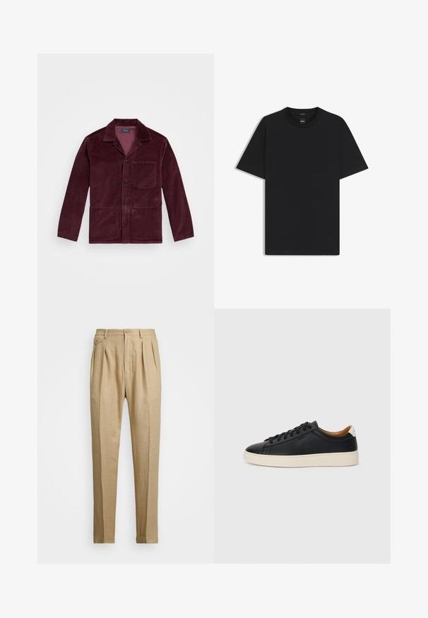 Bordeaux corduroy jacket met een opstaande kraag, sluiting met knopen aan de voorkant, borstzak en twee onderzakken. Soepele textuur met zichtbare ribbels.; Zwarte korte mouwen T-shirt van een gladde katoenmix, met een ronde halslijn en een minimalistisch ontwerp zonder patronen of accenten.; Beige linnen broek met een rechte snit, voorzien van twee voorplooien, een knoopsluiting en zijzakken. Gestructureerde stof met een gladde afwerking.; Zwarte leren sneakers met een gladde textuur, beige rubberen zool, vetersluiting en een contrasterende hielaccent.