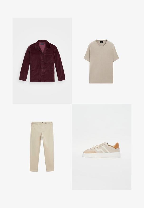 Veste en velours côtelé bourgogne avec un col cranté, fermeture à boutons sur le devant, poche poitrine et deux poches inférieures. Texture lisse avec des côtes visibles.; T-shirt en coton beige avec un col rond, des manches courtes et une coupe décontractée. Texture lisse avec un design uni, sans motifs ni accents visibles.; Pantalons en coton beige avec une taille élastique, fermeture à bouton, design à jambe droite et poches standard sur les côtés et à l'arrière.; Baskets beiges avec une combinaison de cuir lisse et de daim. Présentent des accents blancs, des lacets plats et une semelle légèrement plate.