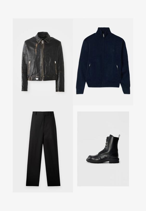 Juodas odinis švarkas su klasikiniu apykakle, priekinis užtrauktukas, dvi užtrauktuku uždaromos kišenės ir dėvėtas apdaila, išryškinanti tekstūrą ir dizainą.; Tamsiai mėlynas džemperis su užtrauktuku ir aukšta apykakle, dviem šoninėmis kišenėmis su užtrauktukais bei lygiu tekstūruotu audiniu. Ant krūtinės yra subtilus logotipas.; Juodas ilgomis rankovėmis marškinėliai, pagaminti iš medvilnės, su apvalia iškirpte ir paprastu dizainu be matomų raštų ar puošmenų.; Juodos medvilnės kelnės su tiesiu kirpimu, turi priekinį mygtuko užsegimą ir šonines kišenes. Lygus paviršius, be raštų.; Juodas odinis aukštas botakas su storu padu ir užtrauktuku, ant paprasto šviesaus fono, šoninis vaizdas, rodantis kairįjį botaką.