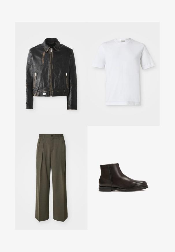 Czarna skórzana kurtka z klasycznym kołnierzem, z przodu na zamek błyskawiczny, dwie kieszenie zamykane na zamek oraz postarzany wykończenie, które podkreśla teksturę i design.; Biała bawełniana koszulka z krótkim rękawem, okrągłym dekoltem i gładką teksturą. Brak widocznych wzorów lub akcentów.; Filippa K - Spodnie materiałowe; Czarne skórzane botki za kostkę o gładkiej fakturze, zaokrąglonym nosku i niskim obcasie. Posiadają boczny zamek błyskawiczny ułatwiający zakładanie.