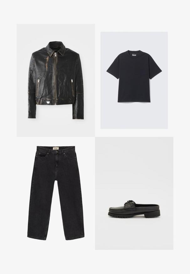 Crna kožna jakna s klasičnom kragnom, prednjim zatvaračem, dva džepa sa zipovima i istrošenim izgledom koji naglašava teksturu i dizajn.; Crna pamučna majica s klasičnim okruglim izrezom, kratkim rukavima i opuštenim krojem. Glatka tekstura s minimalnim šavovima.; Crne traperice od denima s opuštenim krojem. Imaju pet džepova, prednje kopčanje na gumbe i detalje šivanja. Blago izblijedjeli izgled.; Crne kožne cipele bez vezivanja s detaljima od čipke, zaobljenog vrha i teksturiranom potplatu. Imaju lagano povišeni potplat i glatku završnu obradu.