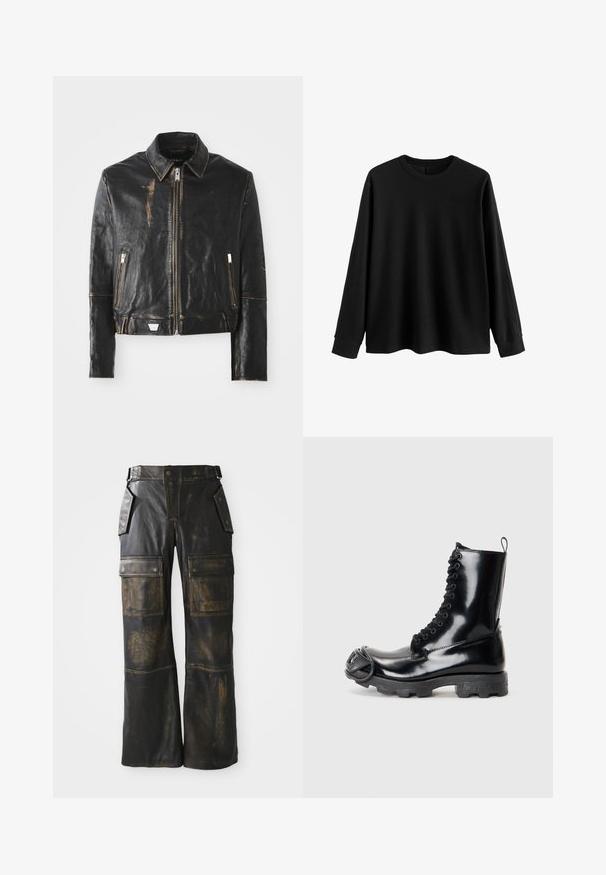 Giacca in pelle nera con colletto classico, chiusura frontale con zip, due tasche con zip e finitura invecchiata che mette in evidenza la texture e il design.; Pullover nero a maniche lunghe realizzato in tessuto morbido, con scollatura rotonda, vestibilità comoda e polsini a costine. Design minimalista, senza ulteriori motivi.; Pantaloni cargo in pelle nera con una texture consumata, dotati di ampie tasche laterali, vita alta e cuciture a contrasto lungo le cuciture.; Stivale da combattimento in pelle verniciata nera con finitura lucida, design con lacci, suola spessa in gomma e dettagli hardware distintivi nella parte anteriore.