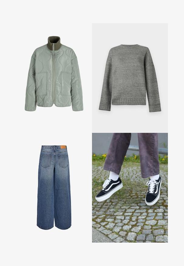 Ovratna jakna v svetlo zeleni barvi, s visokim ovratnikom, dvema sprednjima žepoma, gladko teksturo in zadrgo.; Sivi pleteni pulover z okroglim izrezom, spušenimi rameni ter rebrastimi manšetami in robom. Gladka tekstura v enotni barvi z minimalnimi detajli.; Široke denimske culote srednje modre pranja z blagim izginjanjem, ki imajo dve zadnji žep in rjav usnjen logotip na pasu.; Črne semiš teniske z belimi akcenti, s krožno prstom, debelim belim podplatom in klasičnim vezanjem, nošene z belimi nogavicami in vijoličnimi hlačami.