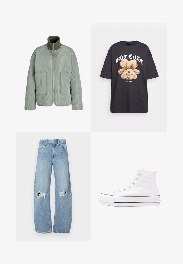 Prošívaná bunda ve světle zelené barvě, s vysokým límcem, dvěma předními kapsami, hladkým povrchem a zipovým uzávěrem.; Černé oversized tričko s grafikou medvěda a textem „NENÍ CUTE, ALE DIVOKÝ“ v tučném bílém písmu. Bavlněný materiál.; Světle modré džíny s vysokým pasem vyrobené z denimu. Mají široké nohavice, dvě roztržené oblasti na kolenou a klasický pětikapsový střih.; Bílé vysoké plátěné tenisky s černou gumovou podrážkou, přední gumovou špičkou a šesti očky na tkaničky, se čistým, minimalistickým designem.