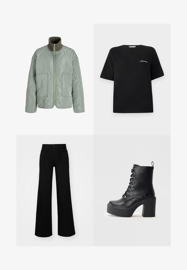 Kvárelt dzseki világoszöld színben, magas gallérral, két elülső zsebbel, sima textúrával és cipzáros záródással.; Fekete pamut póló rövid ujjakkal és kerek nyakkal. Bal mellkasi területen fehér hímzett szöveggel rendelkezik. Simább tapintású.; Fekete, bő szárú farmernadrág, amelynek állítható derékrésze van, övhurkokkal és elülső zsebekkel. Simaság jellemzi, klasszikus dizájnnal.; Fekete bőr bokacsizma vastag blokk sarkkal, fűzős elejével és texturált felületével. Hátul található egy fülecske, ami megkönnyíti a felhúzást.