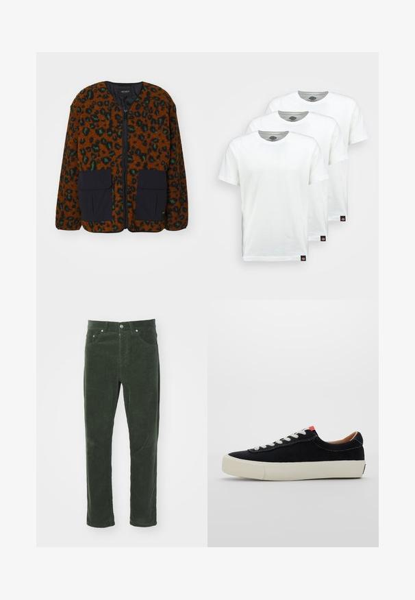 Brun leopardmønstret fleecejakke med sorte detaljer, med glidelås foran og to frontlommer. Den teksturerte materialet gir varme.; Tre hvite bomullst-skjorter med korte ermer. Hver skjorte har en rund hals og et lite svart logomerke på venstre side.; Grønne kordfløjelbukser med lige ben, der har fem lommer, metalknaplukning og tekstureret ribbet overflade.; Svarte tekstil-sneakers med hvite snørebånd, beige gummisåle og rødt akssent ved hælen. Rund tå og minimal stingdetalj.