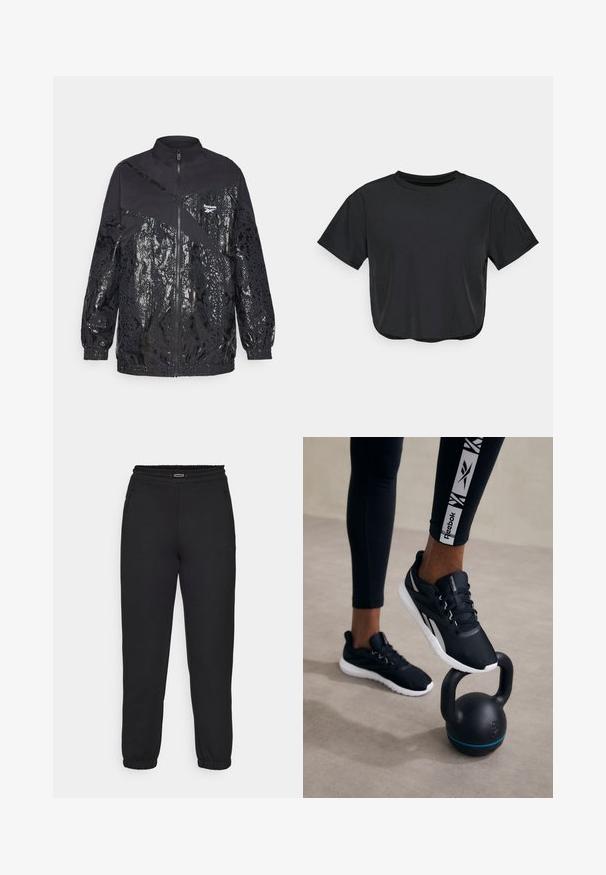 Svart jakke med kontrasterende matte og glinsende slangeskinnmønster, glidelås, høy krage og elastiske mansjetter. Reebok-logo øverst til venstre.; Svart croppet t-skjorte laget av mykt materiale, med rund halsutskjæring, korte ermer og en avslappet passform. Subtile sømdetaljer.; Champion C-TECH CUFFED PANTS INTERLOCK - Joggebukse - black; Svarte joggesko med strukturert overdel, hvit såle og grå aksenter, plassert på en svart kettlebell med blå stripe, mot en nøytral bakgrunn.