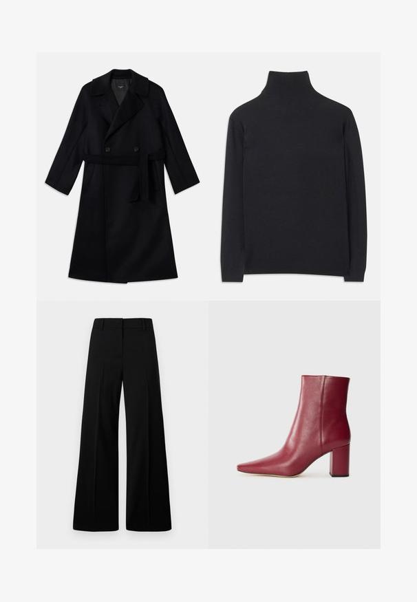 Abrigo largo negro de doble botonadura con amplias solapas, cinturón para atar y bolsillos laterales, hecho de una suave tela de lana.; Suéter negro de cuello alto hecho de tejido suave. Presenta mangas largas, un cuello alto y puños y dobladillo acanalados para un ajuste ceñido.; Pantalones de pierna ancha negros con una textura suave, cinturilla estructurada y pliegues frontales. Diseño minimalista sin hardware visible.; Botín de cuero burdeos con punta afilada, tacón cuadrado y textura lisa, que presenta un diseño sin costuras y sin hardware visible.
