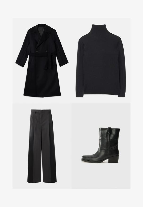 Cappotto lungo nero doppiopetto con ampi revers, cintura in vita e tasche laterali, realizzato in un tessuto di lana liscio.; Maglione a collo alto nero realizzato in tessuto morbido. Caratterizzato da maniche lunghe, un collo alto e polsini e orlo a coste per un look aderente.; Pantaloni neri a gamba larga con vita alta, caratterizzati da pieghe frontali, una texture liscia e una finitura sartoriale. Progettati per un fit rilassato.; Stivale ankle in pelle nera con punta arrotondata, tacco a blocco, cerniera laterale e dettagli in cucitura sulla tomaia. Texture liscia, design classico.