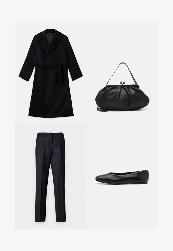 Lang sort dobbeltbrystet frakke med brede klapper, bælte og sidelommer, lavet af et glat uldent stof.; Sort langærmet turtleneck top lavet af glat stof, med en rynket krave og tætsiddende silhuet med enkle kanter.; Marineblå skræddersyede bukser med en glat overflade, som har flad front, dobbelte plisseringer og bæltestropper. Lige ben, afsluttet kant.; Paul Smith TOPANGA - Ballerinasko - black; Sort læderpung med et rundt, plisseret design. Har en metalspænde med to dekorative kugler og et slankt, aftageligt rem.