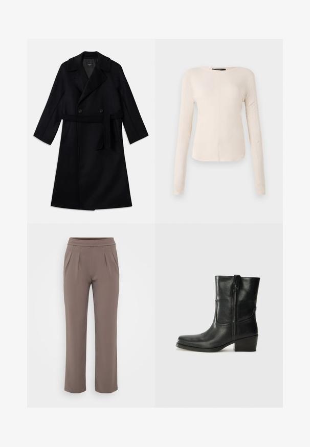Lange zwarte drieknoopskostuumjas met brede revers, een strikceintuur en zijzakken, gemaakt van een gladde wolstof.; Langsleeve, lichtbeige top met een ronde halslijn. Gemaakt van zachte stof, heeft een centrale naad en een iets gebogen rand. Geen zichtbare hardware.; Taupe losvallende broek met elastische tailleband en voorplooien, gemaakt van zachte stof.; Zwarte leren enkellaars met een ronde neus, blokhak, zijrits en stikselaccenten op de wreef. Gladde textuur, klassiek ontwerp.