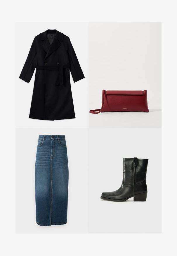 Palton lung negru, cu dublă deschidere, guler lat, curea și buzunare laterale, realizat dintr-un material lână netedă.; Top negru fără mâneci, cu bretele subțiri, fabricat dintr-un material ribat, având o tăietură dreaptă și o etichetă la gât cu textul "IVY OAK."; Fustă midi din denim de culoare indigo închis, cu o fante în față și un ușor efect de decolorare. Design clasic cu cinci buzunare și încheiere cu buton metalic.; Botine din piele neagră, cu vârf rotund, toc pătrat, fermoar pe lateral și accente de cusături pe partea superioară. Textură netedă, design clasic.; Geantă de mână roșie din piele cu o textură rafinată, având un capac plat pliat și o curea scurtă. Logo-ul subtil al mărcii pe față.