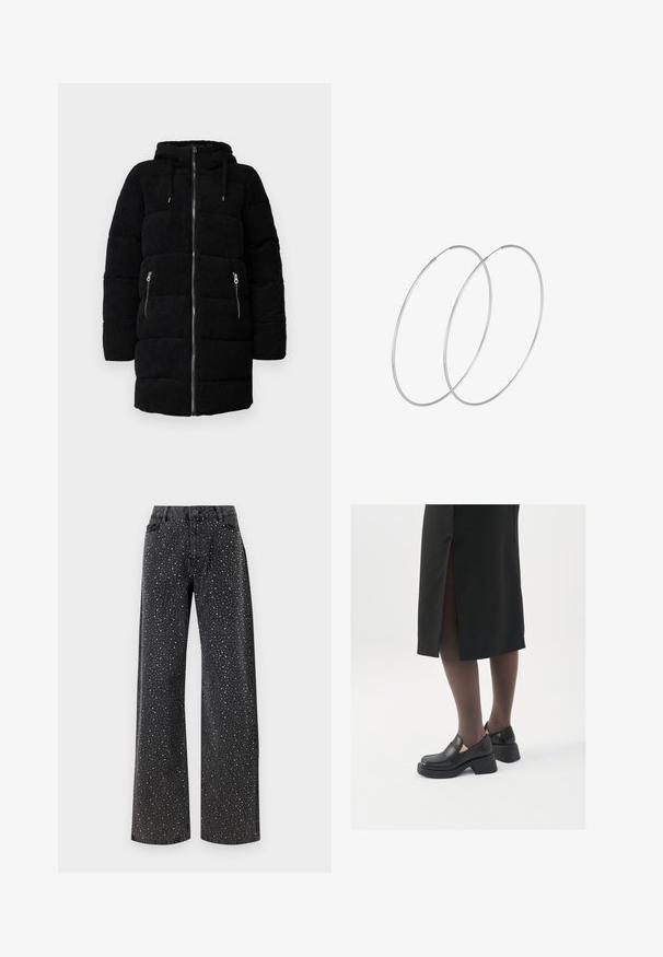 Crni puf jakna od kordura s kapuljačom, koja ima puni prednji zatvarač, dva bočna džepa sa zatvaračem i prošivenu teksturu.; Crni bodysuit dugih rukava s mrežastim V-izrezom i naborima na ramenima. Glatka tkanina s prilagođenim oblikom.; Noisy May NMJANNEL LOOSE - Traperice opuštenog kroja - black denim; Crne kožne cipele s zaobljenim vrhom, debelim blok petama i elastičnim bočnim detaljima, uparene s tamnim čarapama i crnom suknjom s prorezom.; Srebrne okrugle naušnice s minimalističkim dizajnom. Kružni oblik, glatka tekstura i tanak profil. Lagane s poliranim završetkom.